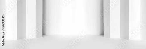 Abstract white 3d studio background for product presentation. Empty gray room with shadows of window. Display product with blurred backdrop. Banner © Lyubov