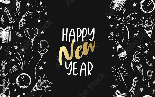 Cute hand drawn New Years design, doodle template in gold and black, elegant, great for invitations, business cards, wallpapers - vector design