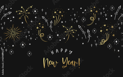 Cute hand drawn New Years design, doodle template in gold and black, elegant, great for invitations, business cards, wallpapers - vector design