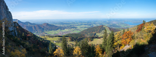 autumnal landscape Chiemgau with view to alpine foothills and lake chiemsee, bavaria