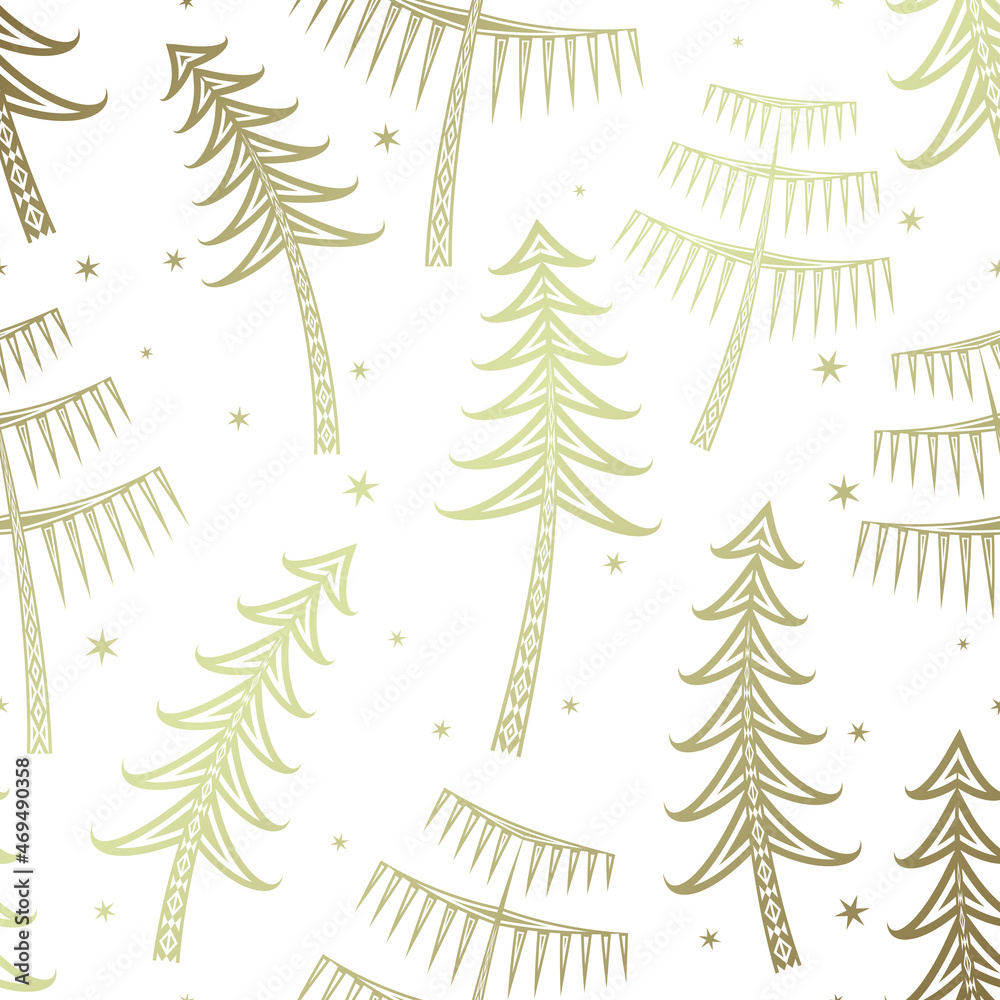 Obraz premium Vector golden seamless pattern with decorative Christmas trees and snowflakes. Simple silhouette or contour, tribal ethnic ornament. New year design for textile, wrapping paper and other surface.