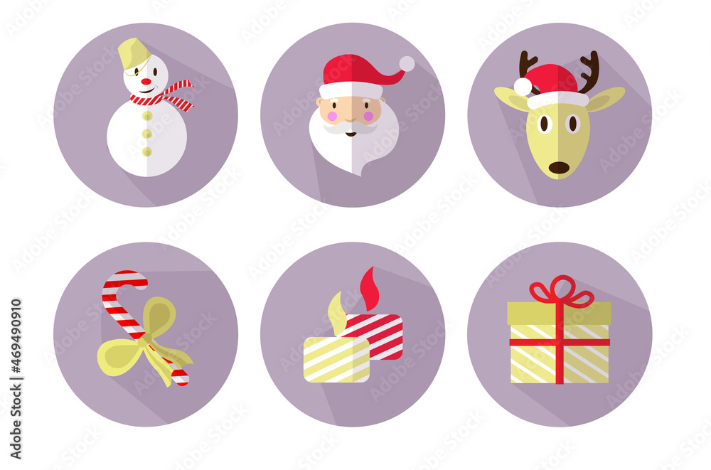 A vector set of flat christmas icons with santa, holiday candles, candy stick, snowman and reindeer for greeting cards and winter decorations