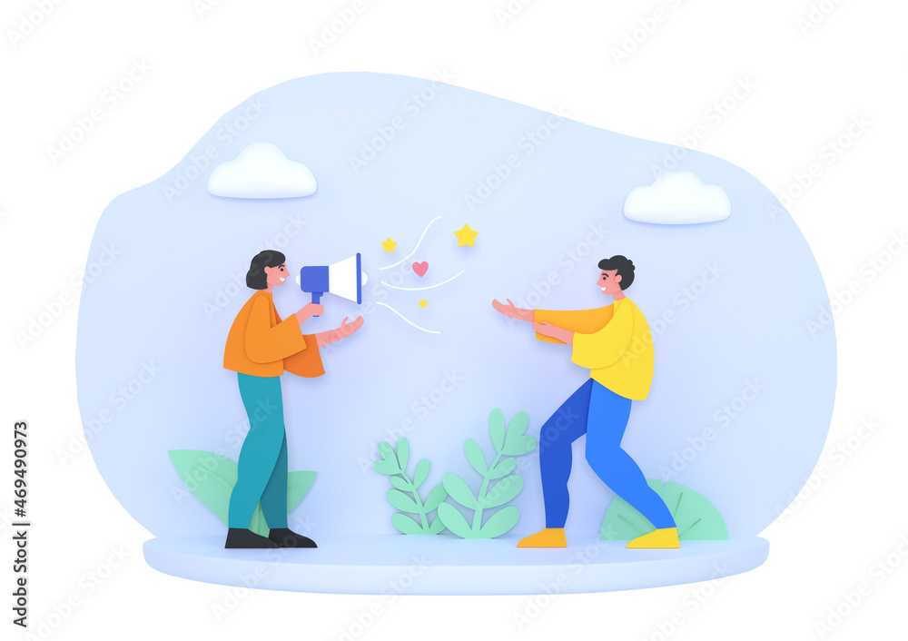 3d render of two people talking with megaphone, loudspeaker. Public relations concept 3d render of two people talking with megaphone, loudspeaker. Public relations concept