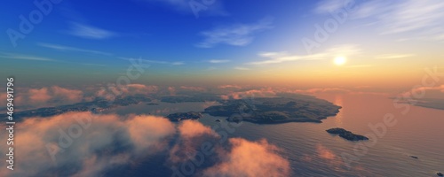 Beautiful zmakat over the sea bay from a height of flight, the sun among the clouds over the sea harbor, 3D rendering