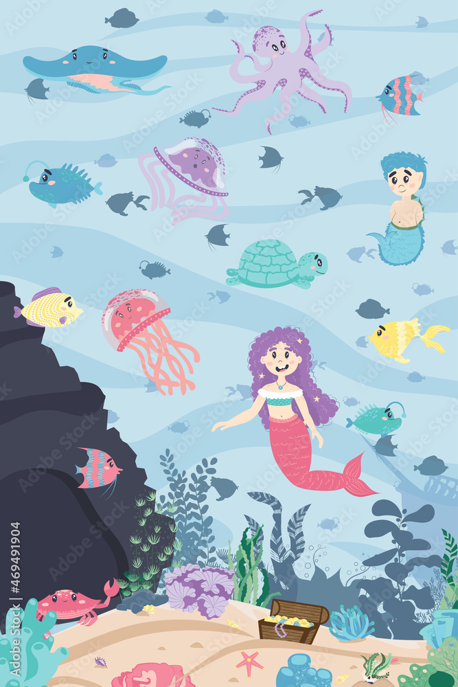 Seabed with fish, cave, sand, mermaid girl and boy. sunken ship, treasures, shells, corals, algae. underwater fairy landscape in cartoon flat style.
