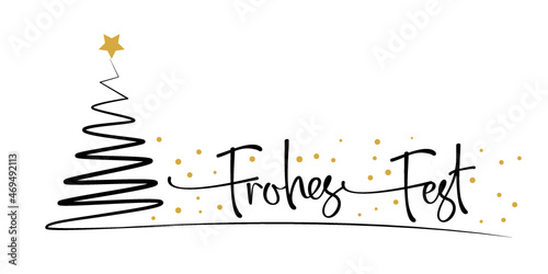 Frohes Fest Kalligraphie. Merry Christmas Calligraphy in German. Greeting Card Black and Golden Typography on White Background