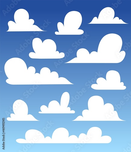 Set for blue sky, different clouds icons, cloud shape, label, symbol, logo. Hand drawn graphic vector elements