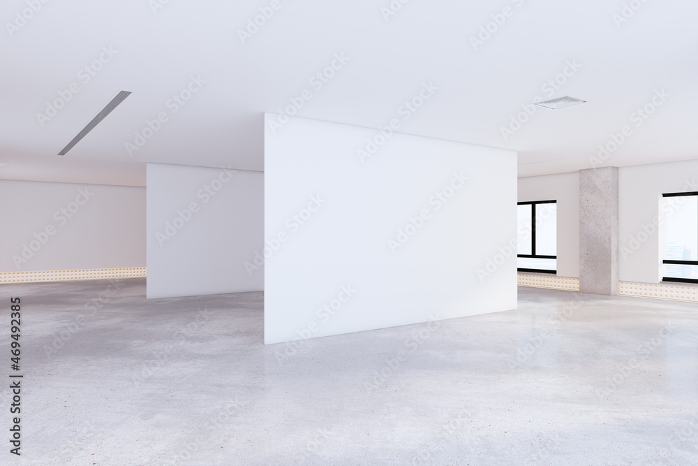 Obraz premium Modern white exhibition hall interior with mock up poster place and daylight. Gallery, architecture and design concept. 3D Rendering.