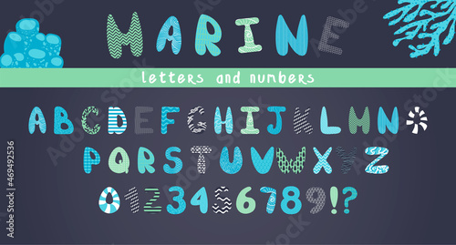 Vector funny comic marine alphabet and numbers on a blue background in cartoon style. Bright modern illustrations for kids, nursery, poster, postcard, birthday, wrapping paper design, baby t-shirts.