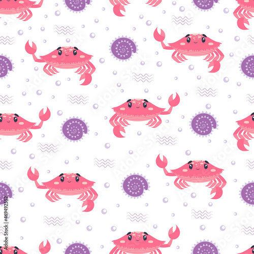 seamless pattern with cartoon flat crab, purple seashell, waves and bubbles. underwater world.