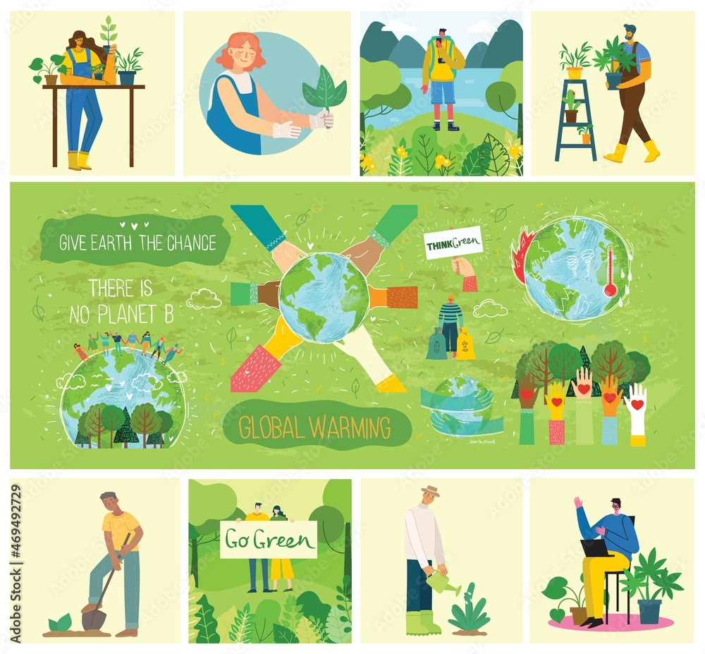 Fototapeta premium People Characters trying to Save Planet Earth. Global Warming and Climate Change Concept.