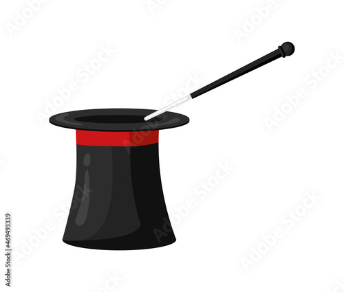 Magicians hat with magic wand. Wizard conjure black cylinder, vector illustration