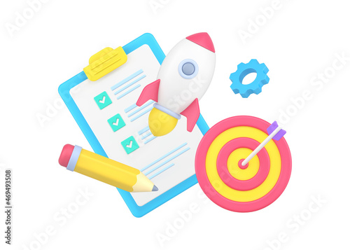 Development successful business startup strategy with gear, goal aiming, to do list checkbox rocket