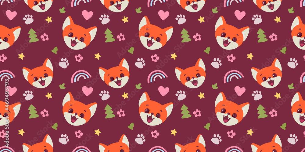 Fototapeta premium Vector horizontal illustration of muzzle of happy red fox character with rainbow and fir tree on dark color background. Flat style design of seamless pattern with face of animal fox