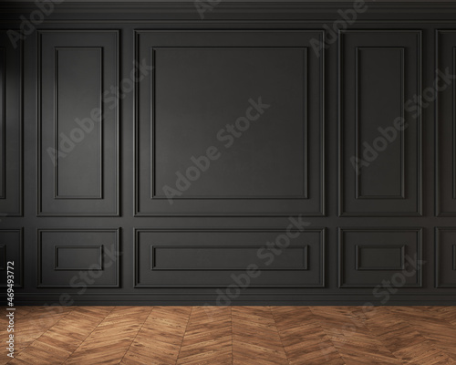 Classic loft interior with black wall panel and moldings. 3d render illustration mockup.