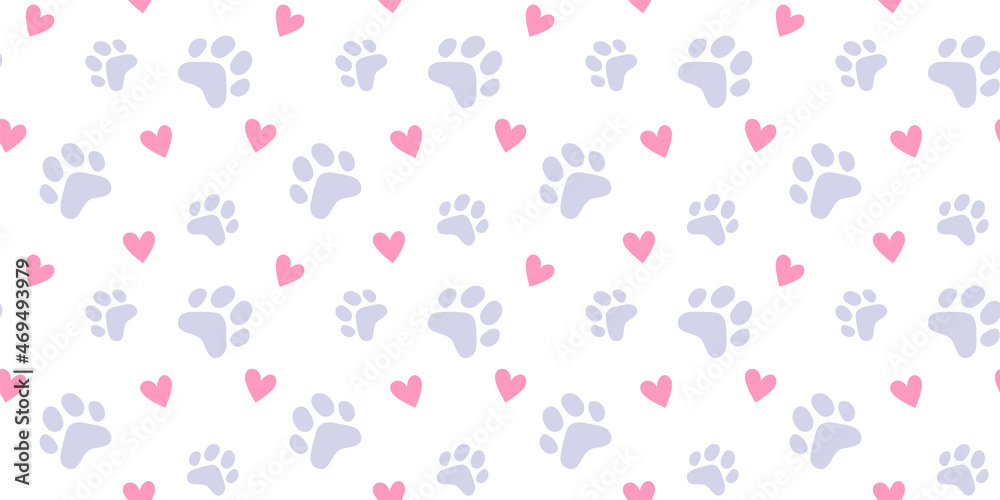 Vector illustration of animal paw print with heart on white color background. Flat style design of seamless pattern with cat paw