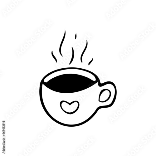 Hand drawn doodle cup of coffee or tea. Simple vector illustration of the mug with heart.