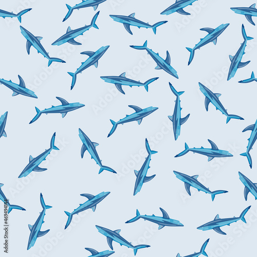Seamless pattern Blue shark on light gray background. Blue textured of marine fish for any purpose.