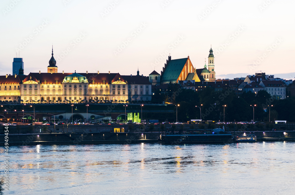 POLAND, WARSAW: Evening scenic cityscape view of city old center with Vistula river 