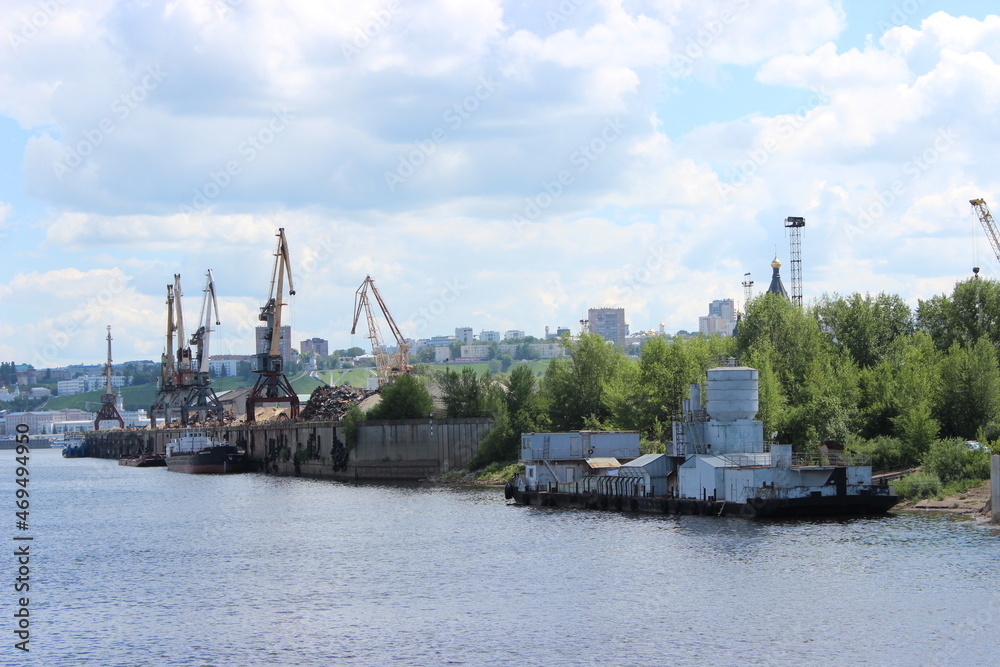 Nizhny Novgorod city - view from the Volga river to the river port, cranes