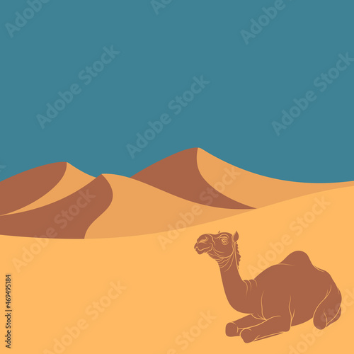 Landscape with desert  dunes and camel. Vector colored background.