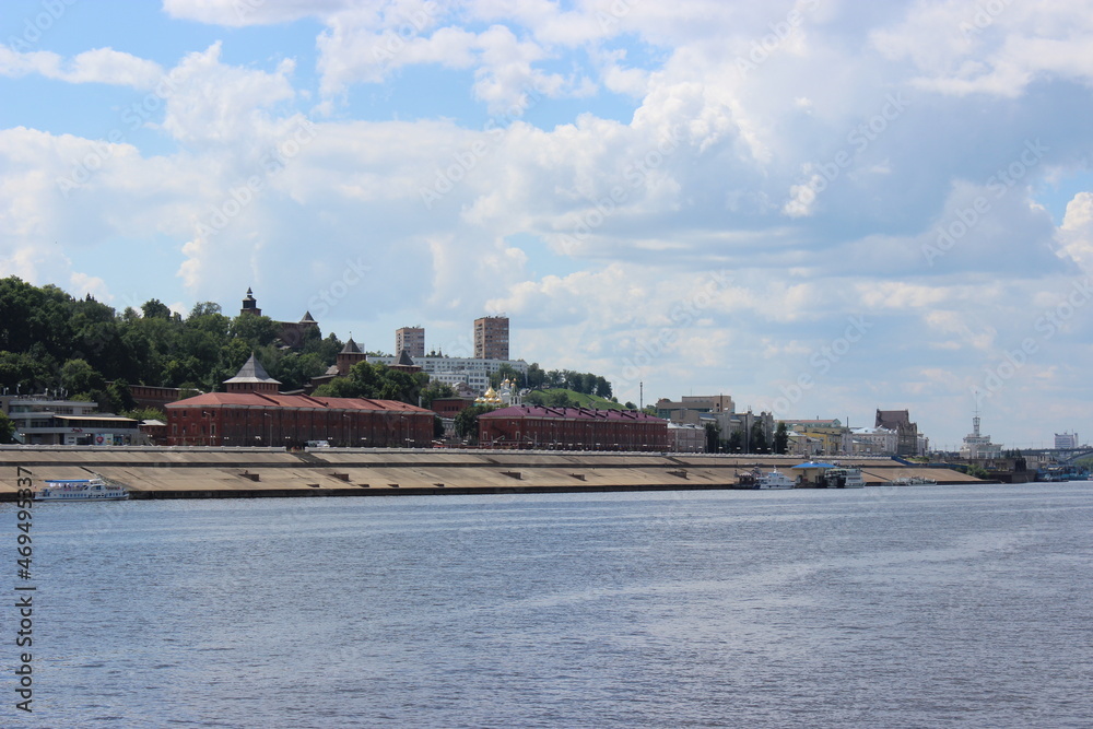 View from the ship, from the middle of the Volga River to the city of Nizhny Novgorod standing on the shore