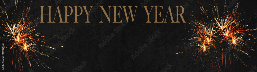 HAPPY NEW YEAR 2022 - Festive silvester background panorama greeting card banner long - Golden fireworks in the dark black night.. HAPPY NEW YEAR 2022 - Festive silvester background panorama greeting card banner long - Golden fireworks in the dark black night..