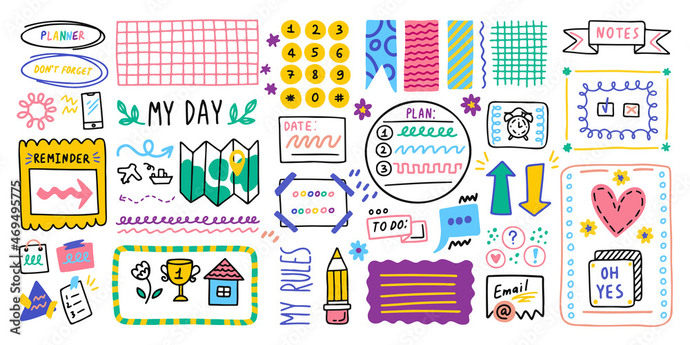 Big set. Diary bullet cute journal border elements. Note icon, sticker for school. Vector illustration