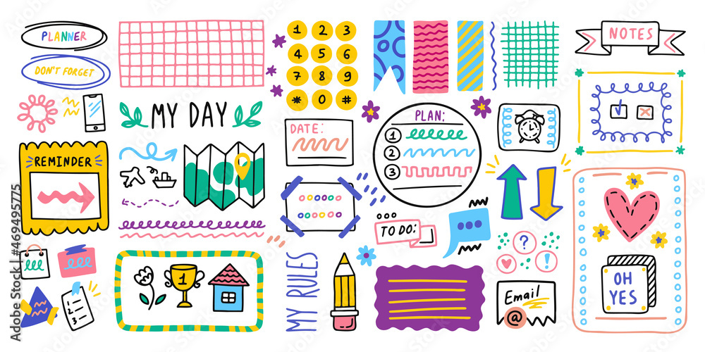 Big set. Diary bullet cute journal border elements. Note icon, sticker for school. Vector illustration Big set. Diary bullet cute journal border elements. Note icon, sticker for school. Vector illustration