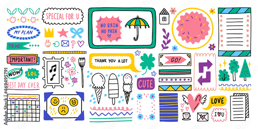 Big set. Diary bullet cute journal border elements. Note icon, sticker for school. Vector illustration