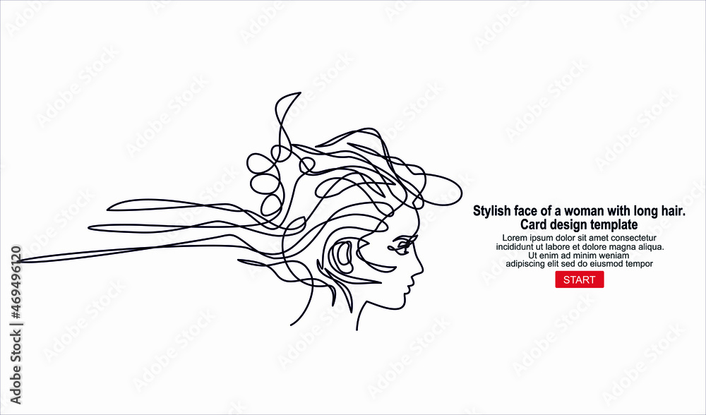 Fototapeta premium Stylish face of a woman with long hair. Card design template.Continuous line drawing of Portrait of a Beautiful Woman's face.