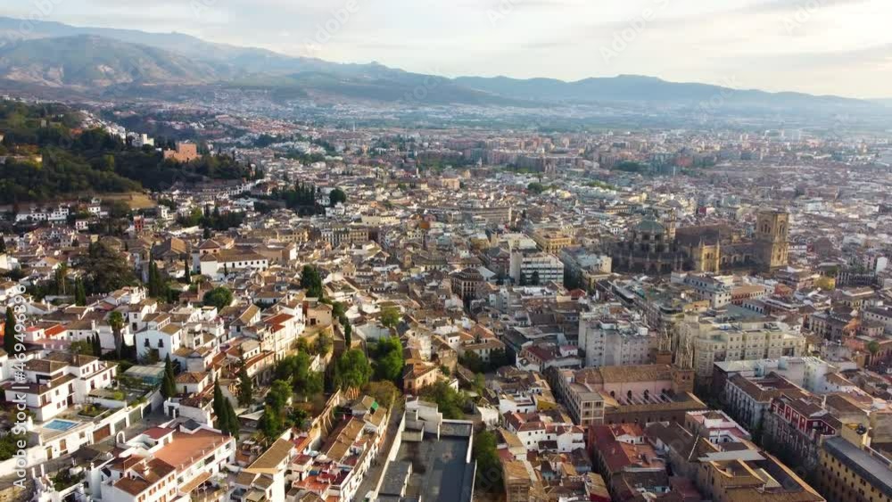 The medieval complex of Alhambra. Flying around Granada at sunrise, Spain. The medieval complex of Alhambra. Flying around Granada at sunrise, Spain.