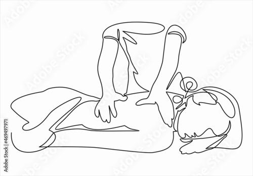 Relaxed woman getting back massage in spa with professional massage therapist. Wellness, healing and relaxation concept.Continuous one line