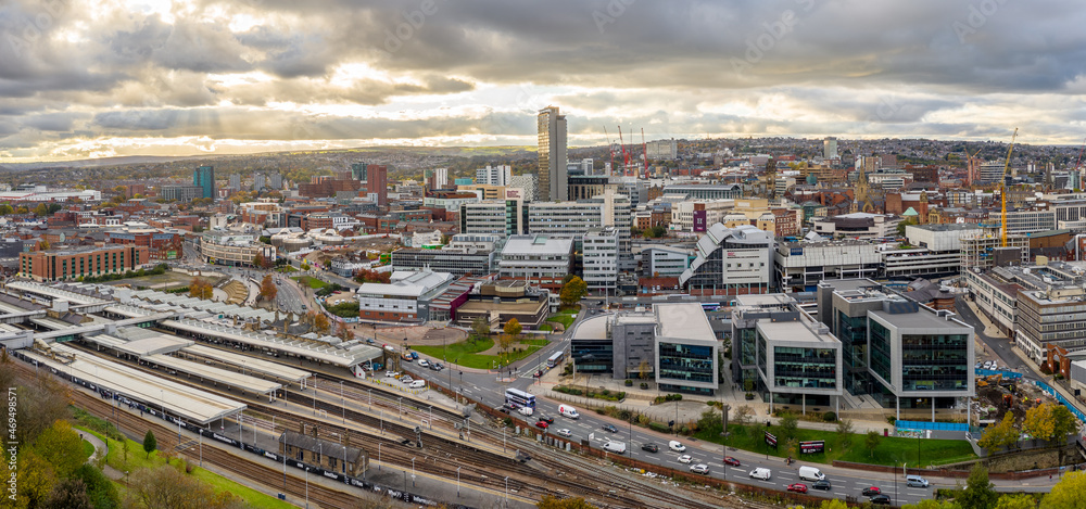 Aerial view of Sheffield city centre skyline at sunset Aerial view of Sheffield city centre skyline at sunset
