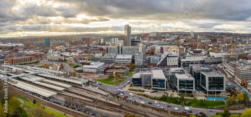 Aerial view of Sheffield city centre skyline at sunset