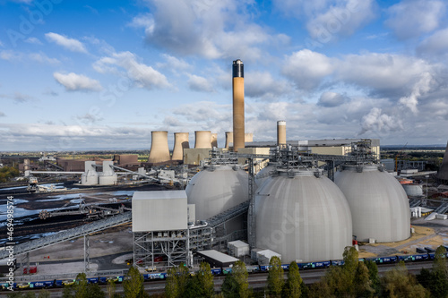 Aerial view of a coal fired Power Station Biomass fuel storage tanks with carbon capture capabilities photo