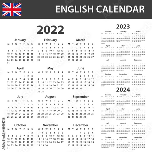 English Calendar for 2022-2024. Scheduler, agenda or diary template. Week starts on Monday