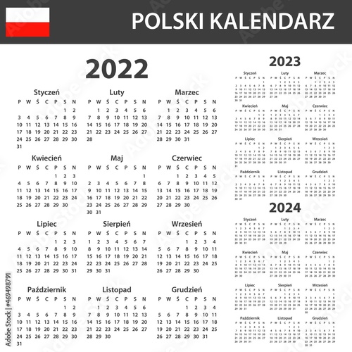 Polish Calendar for 2022-2024. Scheduler, agenda or diary template. Week starts on Monday
