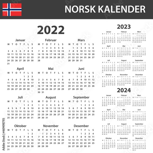 Norwegian Calendar for 2022-2024. Scheduler, agenda or diary template. Week starts on Monday
