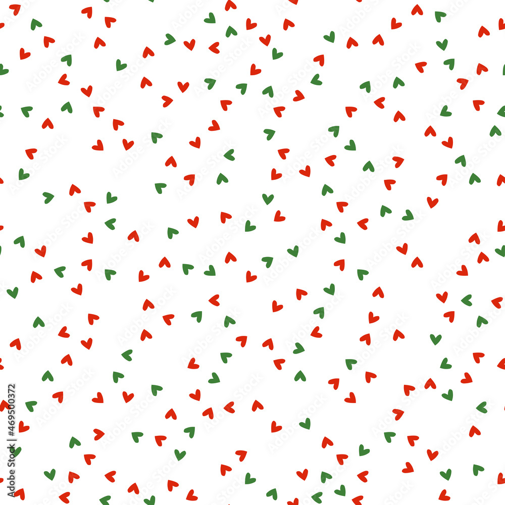 Seamless pattern with Christmas decoration. Green and red tiny heart pattern.