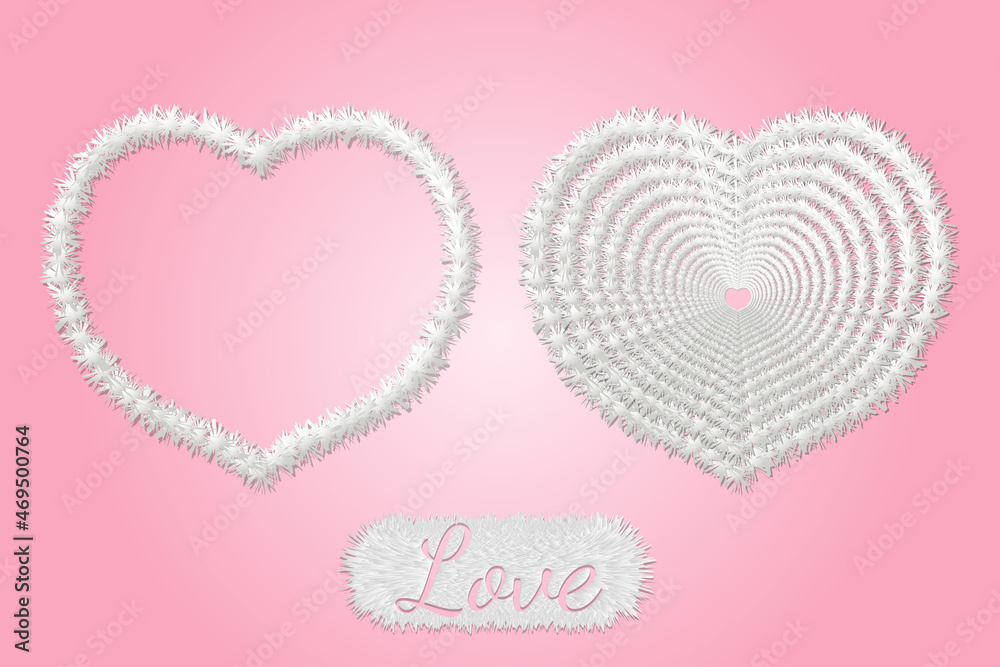 Hearts shaped fur effect. Love with heart-shaped feathers illustration