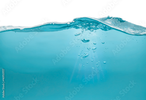 water surface, blue ripple with circular bubble isolated on white background.water is pure transparent liquid.for design,advertising,text space.