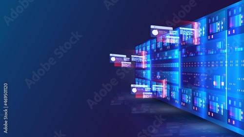 Collection and transfer data, future technology, cyber security concept background. Data center full of rack Servers and Supercomputers with high Internet visualisation. 4K High Quality Animation