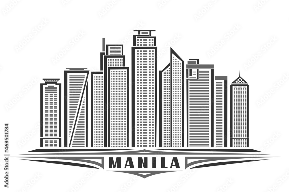 Vector illustration of Manila, monochrome horizontal poster with linear design famous manila city scape, urban line art concept with unique decorative letters for black word manila on white background