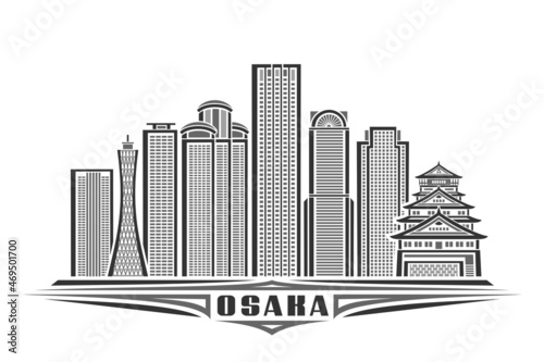 Vector illustration of Osaka, monochrome horizontal poster with linear design famous osaka city scape, urban line art concept with unique decorative lettering for black word osaka on white background.
