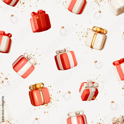 Merry Christmas and Happy New Year. Background with realistic festive gifts box. Xmas present. Blue boxes fall effect. Holiday gift surprise banner, web poster, flyer, stylish brochure, greeting card