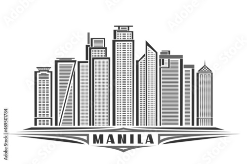 Vector illustration of Manila, monochrome horizontal poster with linear design famous manila city scape, urban line art concept with unique decorative letters for black word manila on white background