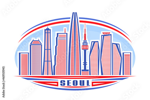 Vector illustration of Seoul, horizontal logo with linear design famous seoul city scape on day sky background, asian urban line art concept with decorative lettering for blue word seoul on white.