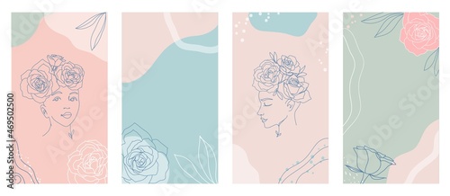 Line art women's faces with roses. Social media cover templates for posts, stories, or banners. Continuous line portraits with flowers. Modern organic abstract background vector. Beauty concept.