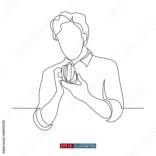 Continuous line drawing of The man is holding a hot dog. The guy is going to have a hot dog snack. Template for your design. Vector illustration.